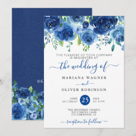 Invitación de boda floral acuarela azul marino