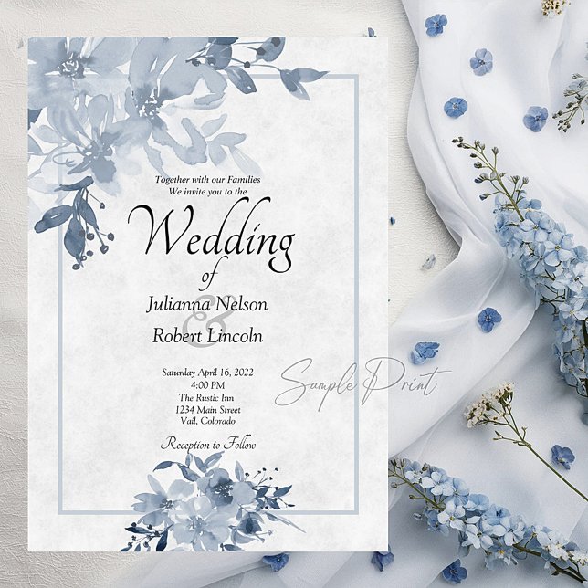 Invitación de boda floral acuarela azul presupuest (Subido por el creador)