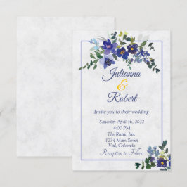 Invitación de boda floral acuarela azul y amarillo