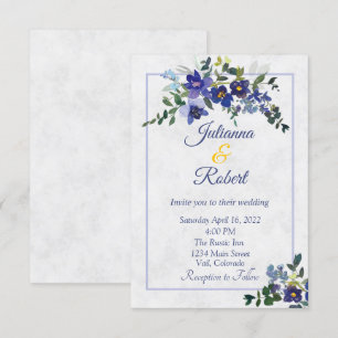 Invitación de boda floral acuarela azul y amarillo