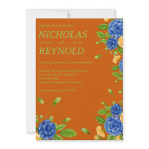 Invitación de boda floral acuarela azul y naranja