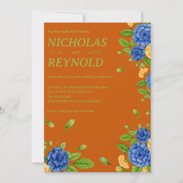 Invitación de boda floral acuarela azul y naranja 