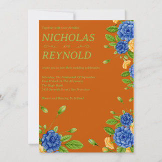 Invitación de boda floral acuarela azul y naranja