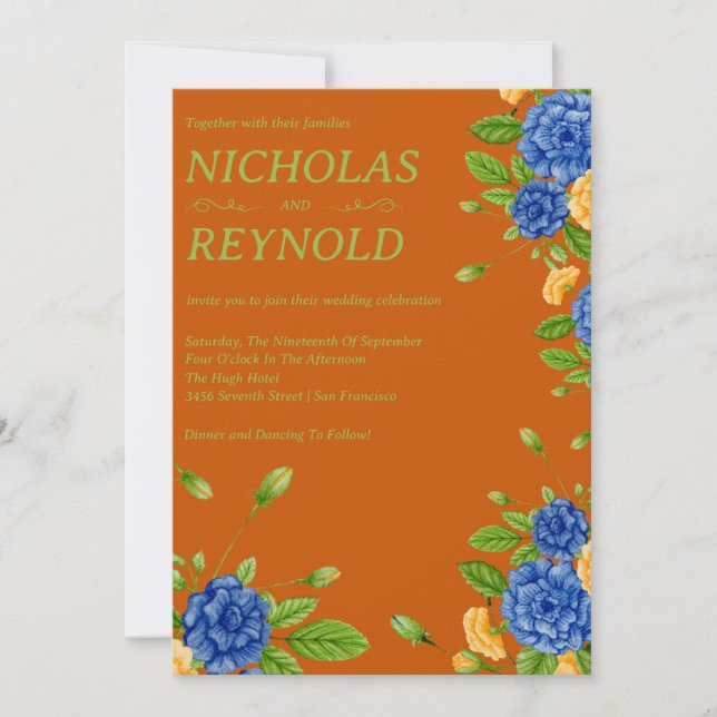 Invitación de boda floral acuarela azul y naranja  (Anverso)