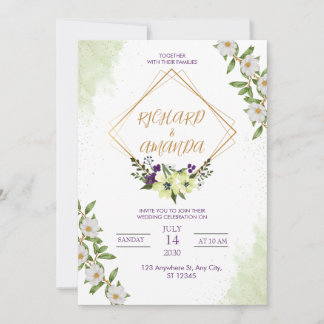 Invitación de boda floral acuarela blanca y verde