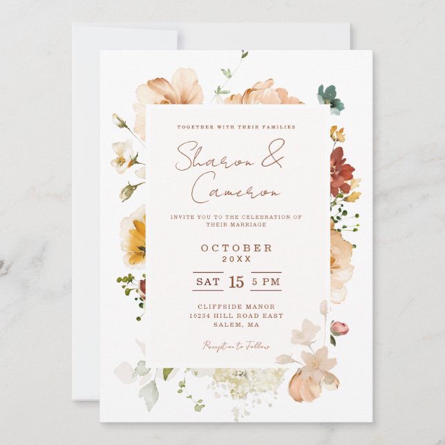 Invitación de boda floral acuarela boho rústica (Anverso)