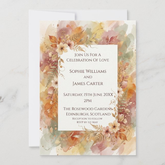 Invitación de boda floral acuarela de otoño (Anverso)