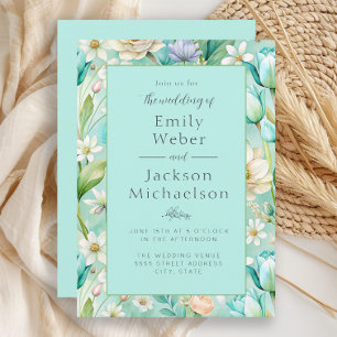 Invitación de boda floral acuarela en aqua y marfi