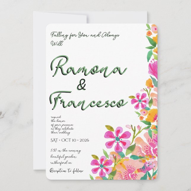 Invitación de boda floral acuarela Fall For You (Anverso)