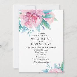 Invitación de boda floral acuarela. Flores rosadas