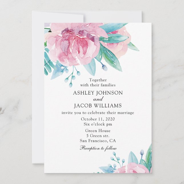 Invitación de boda floral acuarela. Flores rosadas (Anverso)