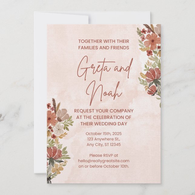 Invitación de boda floral acuarela marrón verde (Anverso)