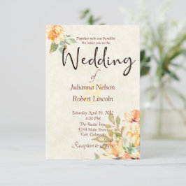 Invitación de boda floral acuarela naranja y amari