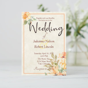 Invitación de boda floral acuarela naranja y amari