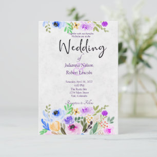 Invitación de boda floral acuarela púrpura y azul