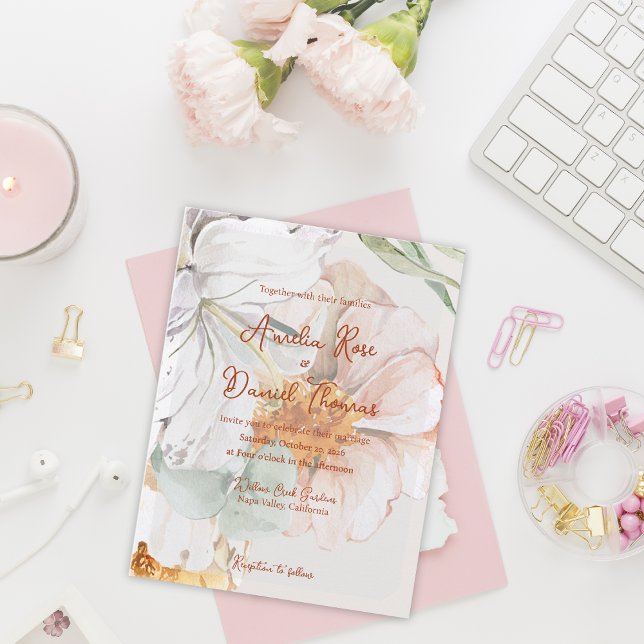 Invitación de boda floral acuarela | Rosa claro me (Watercolor Floral Wedding Invitation | Blush Peach Garden Invite)