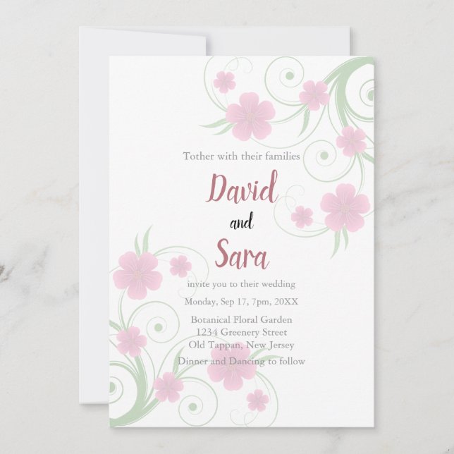 Invitación de boda floral acuarela rosada | Suave (Anverso)