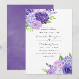 Invitación de boda floral acuarela violeta ultra
