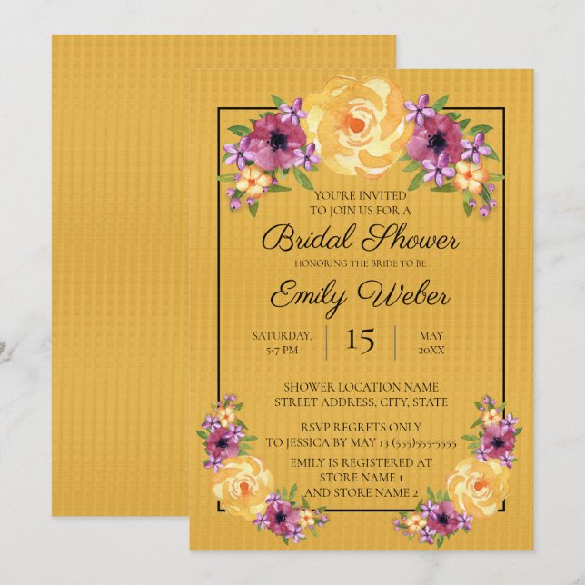 Invitación de boda floral amarillo mostaza (Anverso / Reverso)