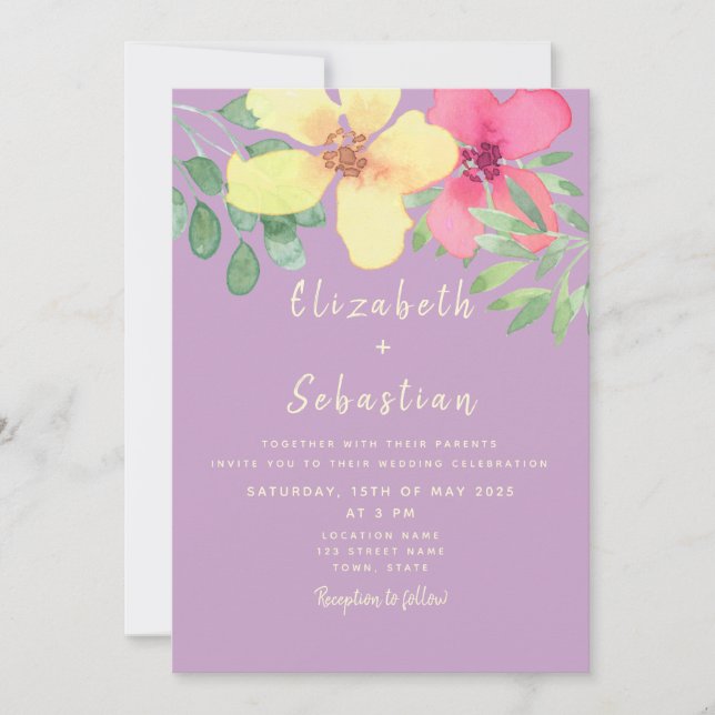 Invitación de Boda Floral Amarillo Rosa (Anverso)