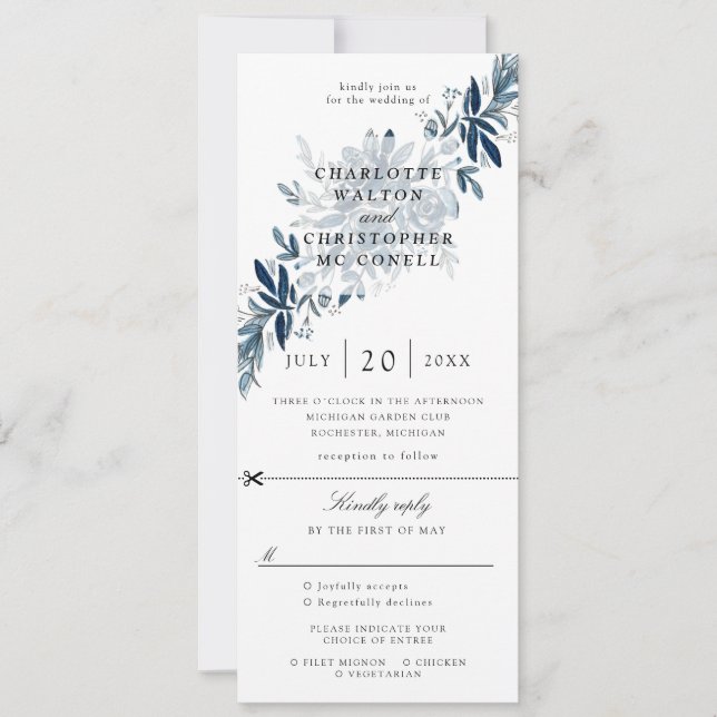 invitación de boda floral añil con tarjeta de conf (Anverso)