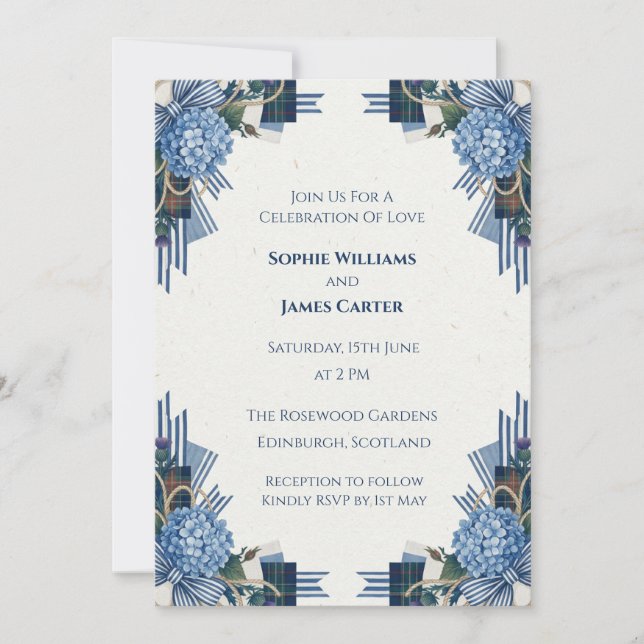 Invitación de boda floral Art Déco azul (Anverso)