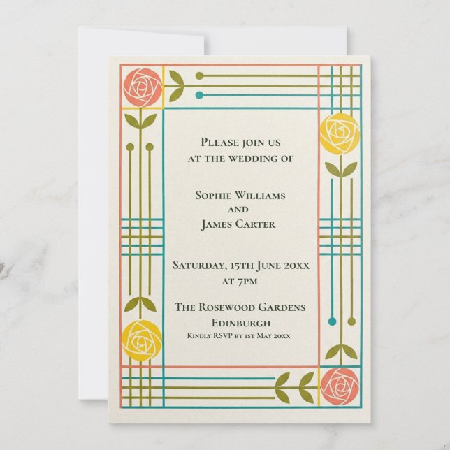 Invitación de boda floral Art Deco colorida (Anverso)