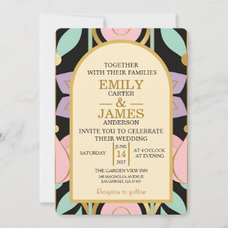 Invitación de boda floral Art Deco | Negro Oro