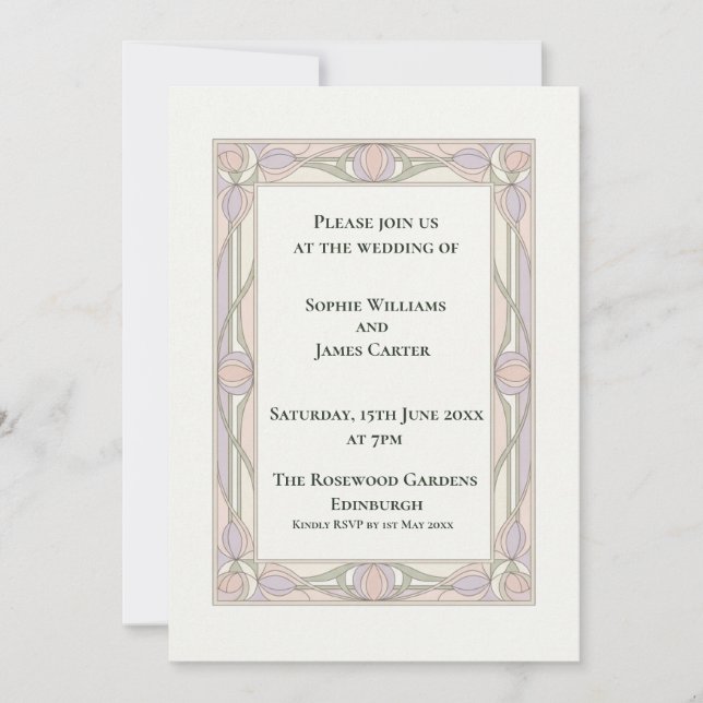 Invitación de boda floral Art Deco pastel (Anverso)