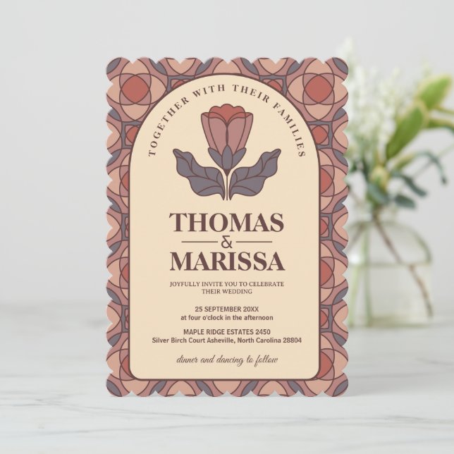Invitación de boda floral Art Deco retro con códig (Anverso de pie)
