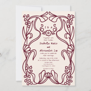 Invitación de boda floral Art Nouveau burdeos con