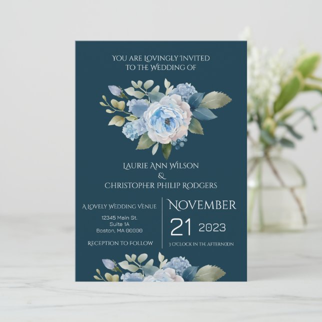 Invitación de boda floral azul (Anverso de pie)