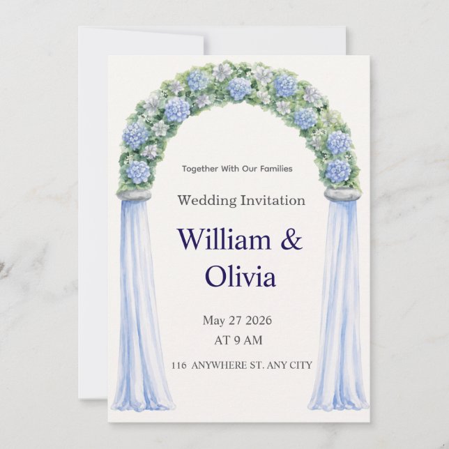 Invitación de boda floral azul (Anverso)