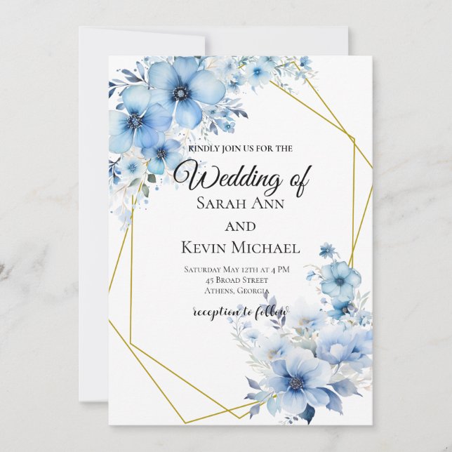 Invitación de boda floral azul (Anverso)