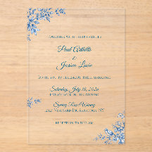 Invitación de boda floral azul acrílico y blanco