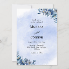Invitación de boda floral azul acuarela