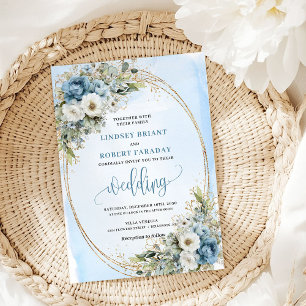 Invitación de boda floral azul acuarela dorada