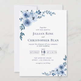 invitación de boda floral azul acuarela moderna