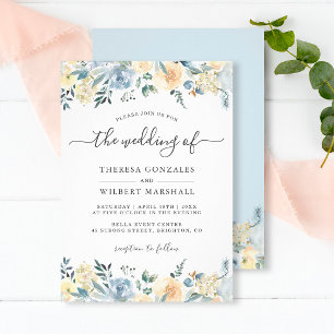 Invitación de boda floral azul bohemio de vainilla