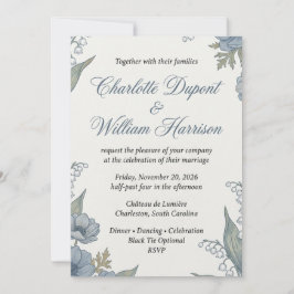 Invitación de Boda Floral Azul Botánico Vintage Cl