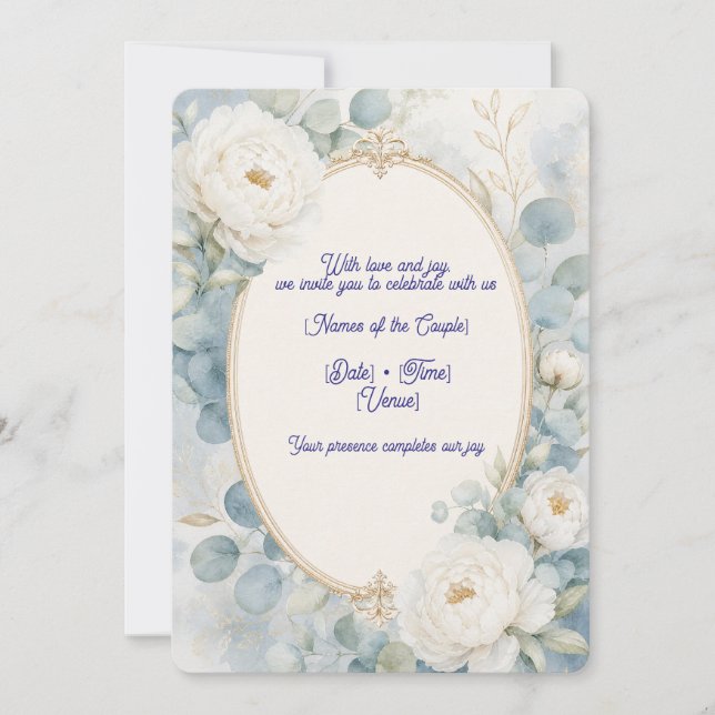 Invitación de boda floral azul cielo (Anverso)