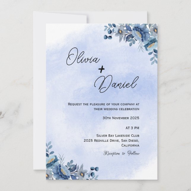 Invitación de boda floral azul clásica (Anverso)