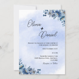 Invitación de boda floral azul clásica
