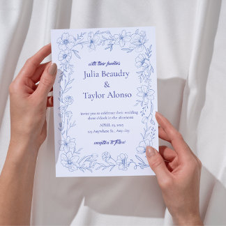 Invitación de boda floral azul con paloma blanca |