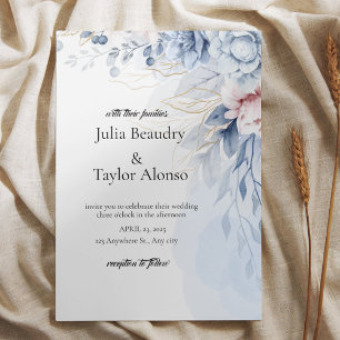 Invitación de boda floral azul con paloma blanca