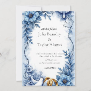 Invitación de boda floral azul con paloma blanca