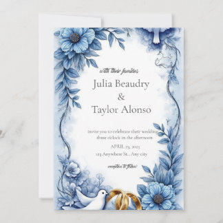 Invitación de boda floral azul con paloma blanca |