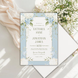 Invitación de boda floral azul de hortensias blanc