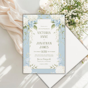 Invitación de boda floral azul de hortensias blanc