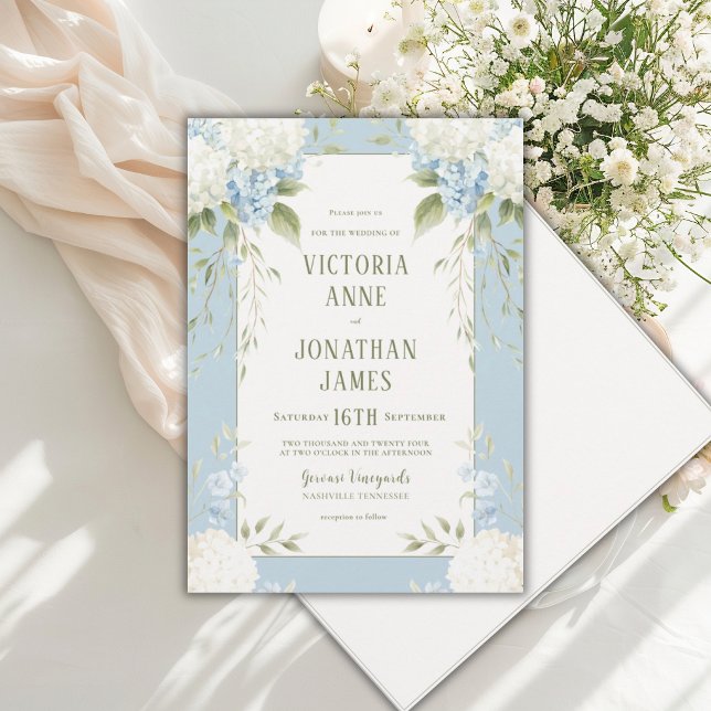Invitación de boda floral azul de hortensias blanc (Subido por el creador)